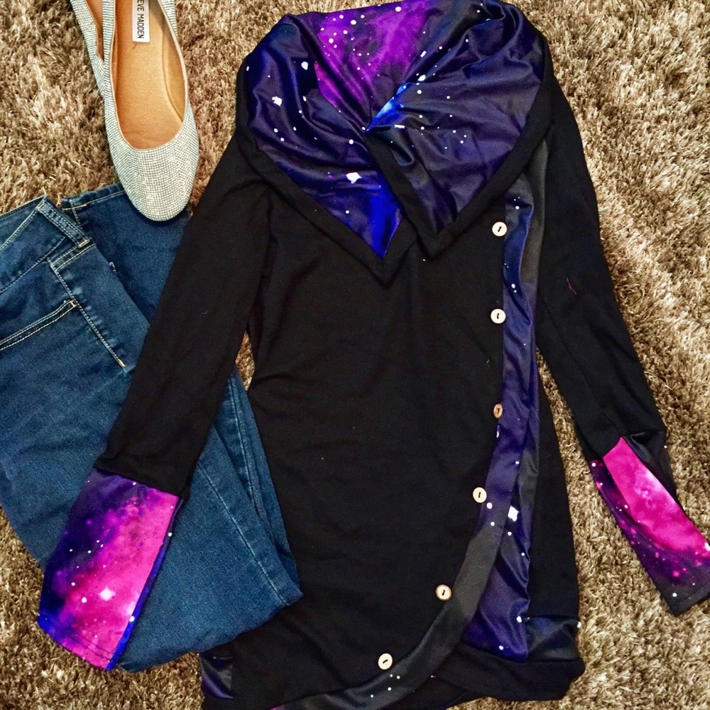 Cowl Neck Galaxy Print Panel Tunic Sweater NWT